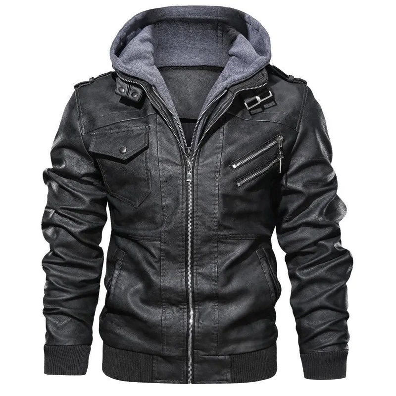 Herren Lederjacke mit Kapuze und Taschen
