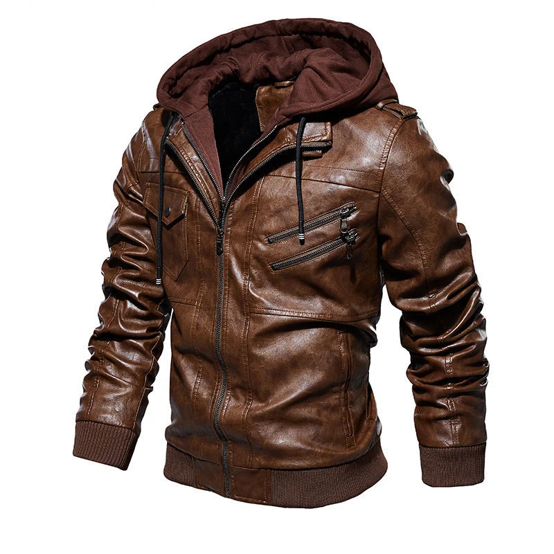 Herren Lederjacke mit Kapuze und Taschen