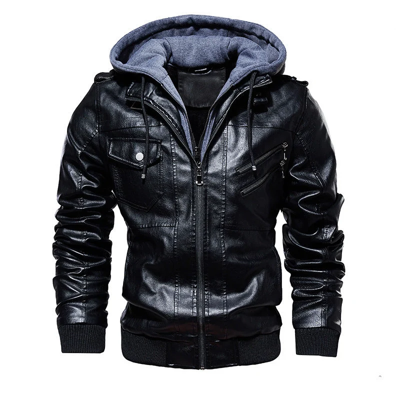 Herren Lederjacke mit Kapuze und Taschen