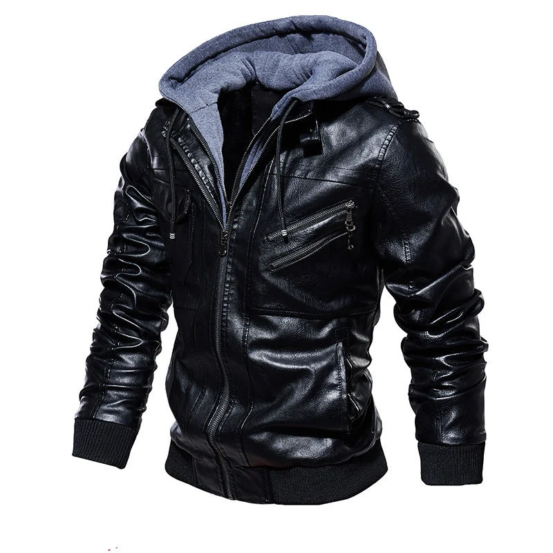 Herren Lederjacke mit Kapuze und Taschen