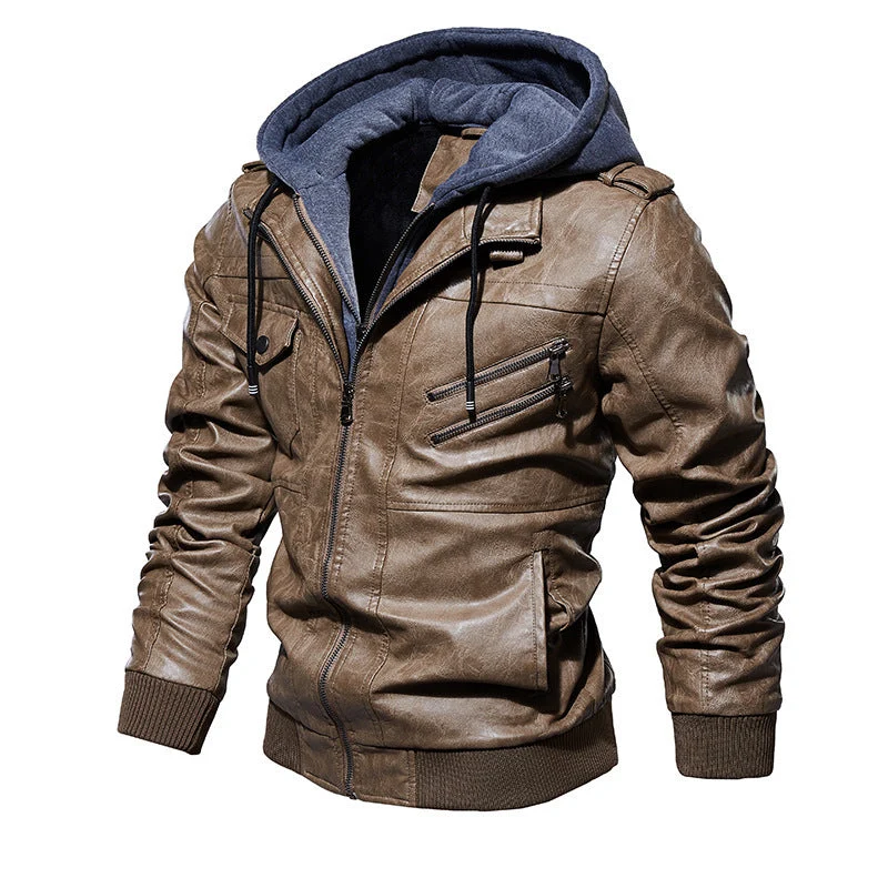 Herren Lederjacke mit Kapuze und Taschen