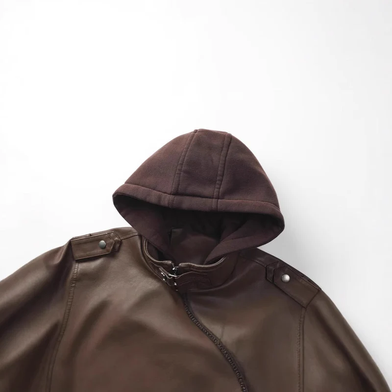 Lederjacke Herren abnehmbar Kapuze und Taschen