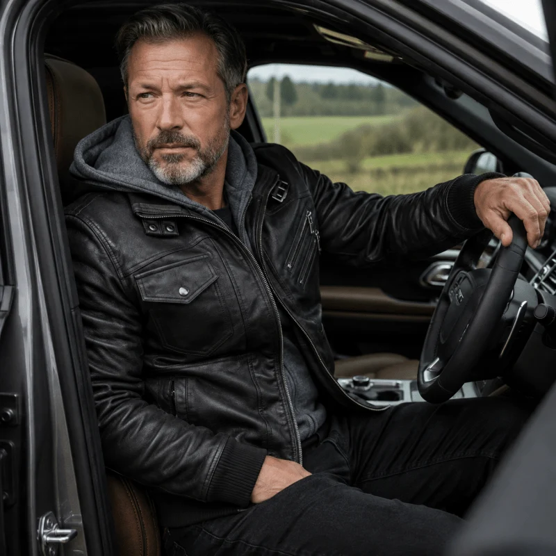 Stefan | Herren Klassische Biker Lederjacke mit Kapuze
