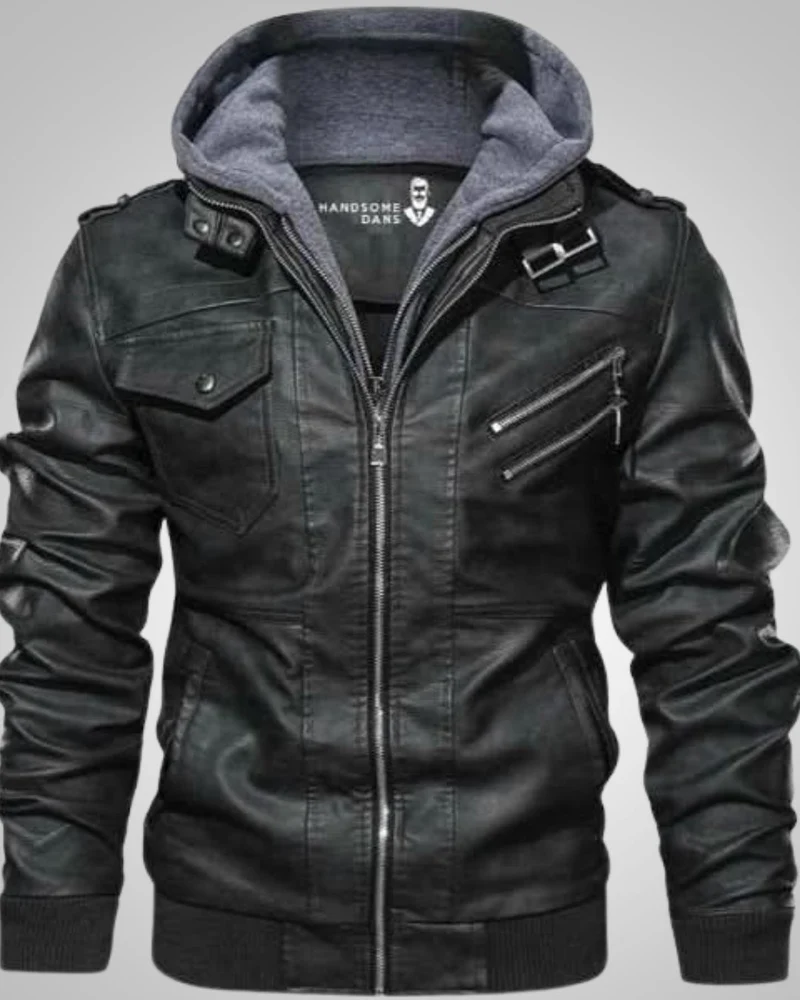 Stefan | Herren Klassische Biker Lederjacke mit Kapuze