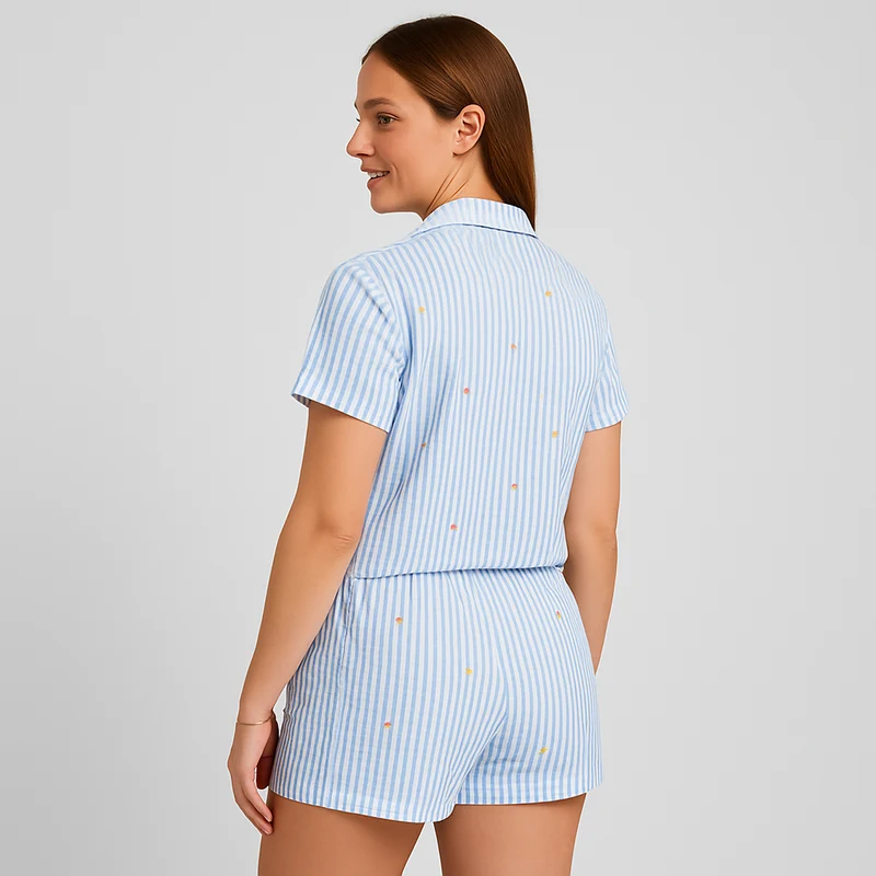 2-teiliges Damen-Pyjama-Set – Hemd zum Knöpfen und Shorts mit elastischer Taille