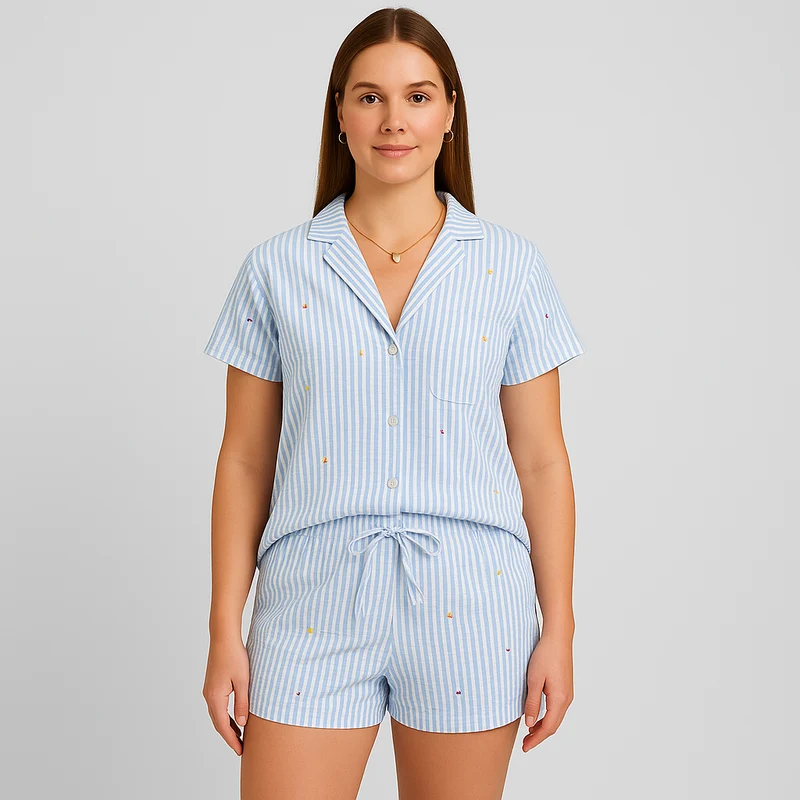 2-teiliges Damen-Pyjama-Set – Hemd zum Knöpfen und Shorts mit elastischer Taille
