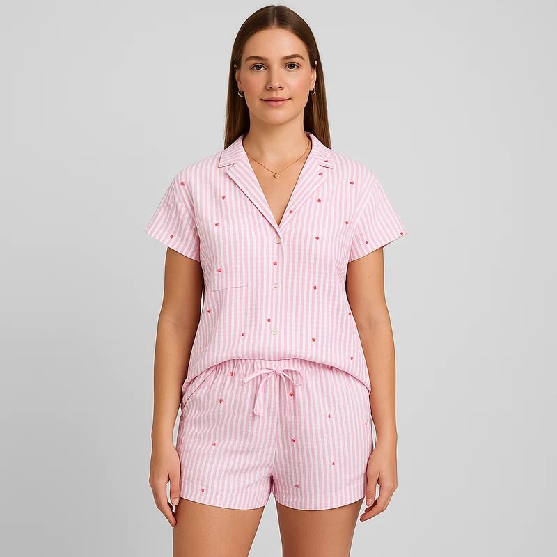 2-teiliges Damen-Pyjama-Set – Hemd zum Knöpfen und Shorts mit elastischer Taille