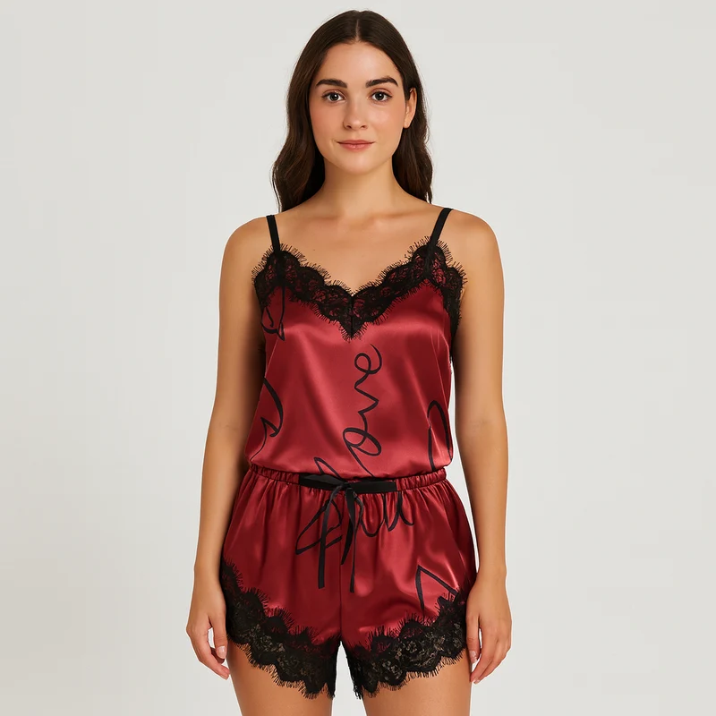 Schickes Spitzen-Pyjama-Set für Damen – Stilvoller Buchstabendruck mit Schleifendetail für gemütliche Nächte