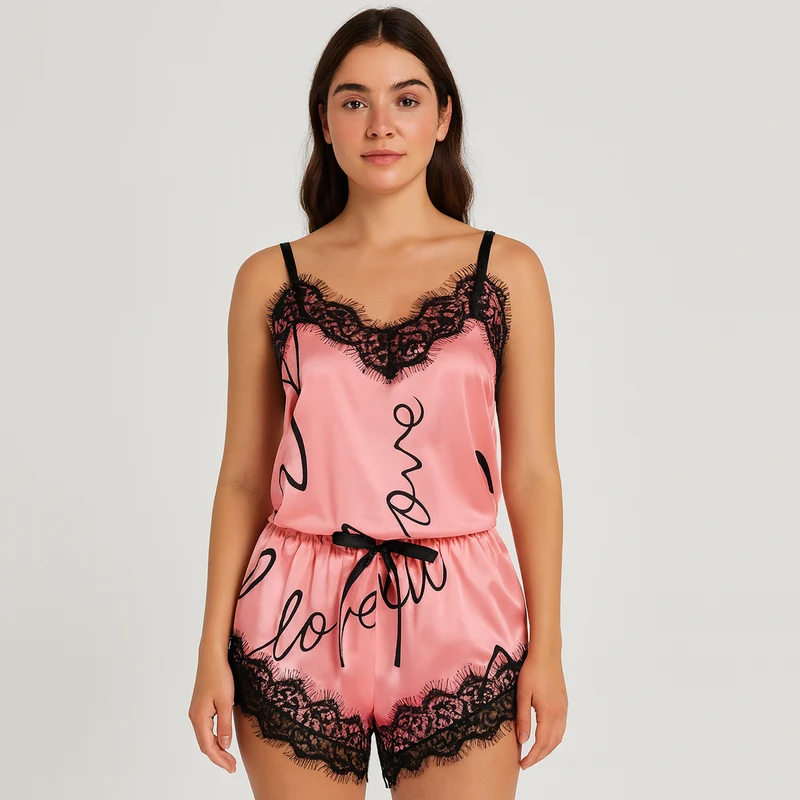 Schickes Spitzen-Pyjama-Set für Damen – Stilvoller Buchstabendruck mit Schleifendetail für gemütliche Nächte