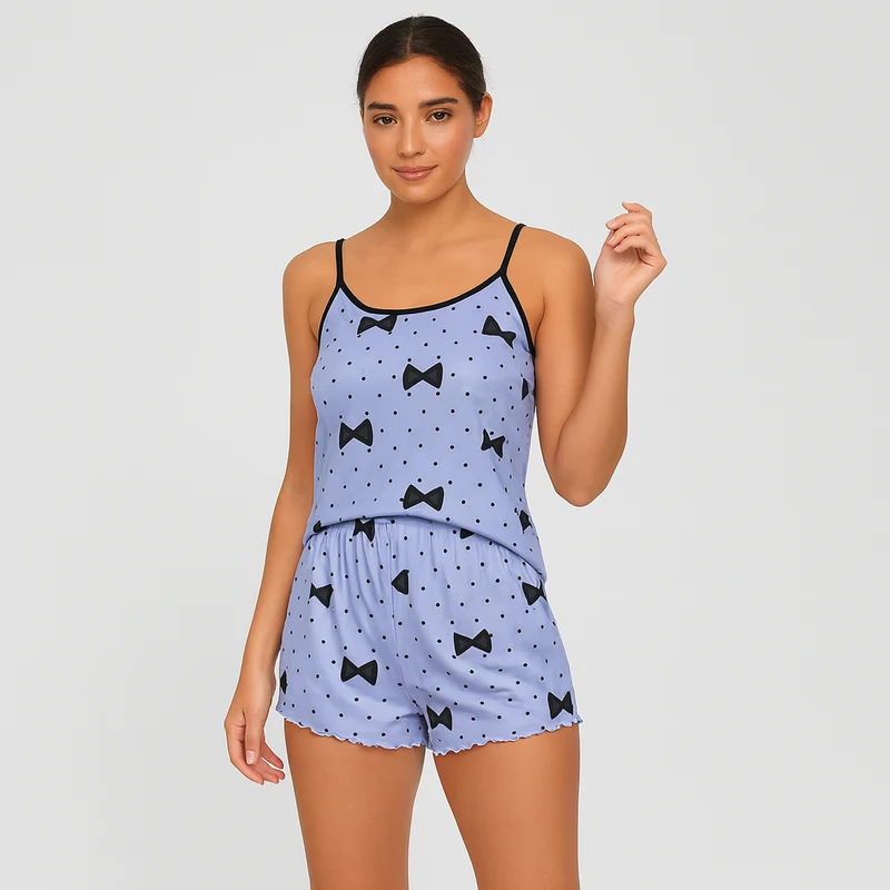 Damen-Pyjama-Set – Shorts & Top mit süßem schwarzen Herz-Print