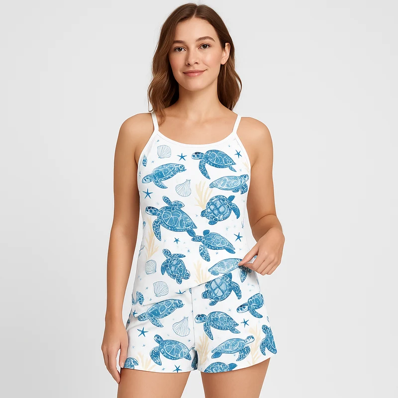 Damen-Pyjama-Set – Shorts & Top mit süßem schwarzen Herz-Print