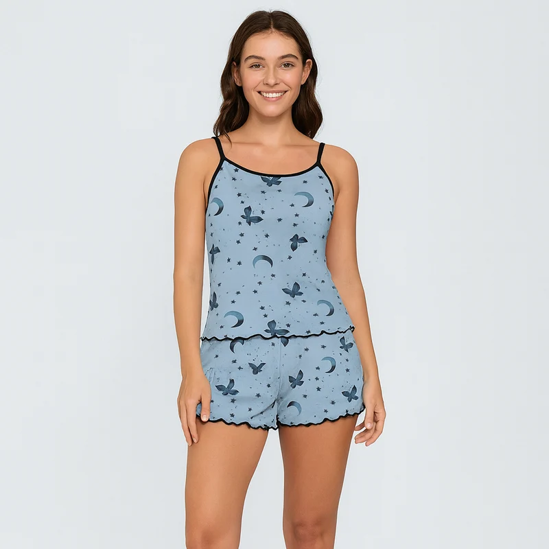 Damen-Pyjama-Set – Shorts & Top mit süßem schwarzen Herz-Print