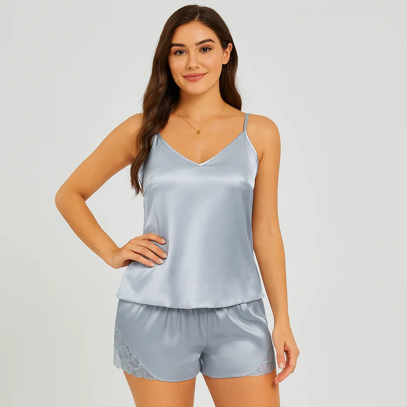 Stilvolles Satin-Pyjama-Set für Damen – mit elegantem Spitzenbesatz in Kontrastfarbe