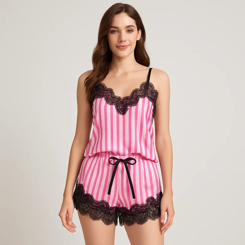 Gestreiftes Pyjama-Set für Damen – V-Ausschnitt-Top mit Satin-Shorts