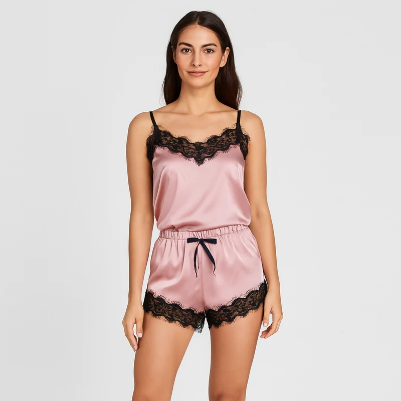 Gestreiftes Pyjama-Set für Damen – V-Ausschnitt-Top mit Satin-Shorts