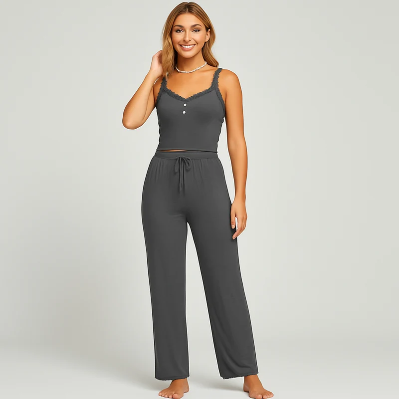 Damen-Pyjama-Set mit Spitzenbesatz – Elegante und weiche Nachtwäsche für nächtlichen Komfort