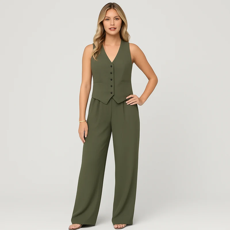 Elegantes 2-teiliges Set für Damen – Ärmelloses Top mit V-Ausschnitt und passende einfarbige Hose
