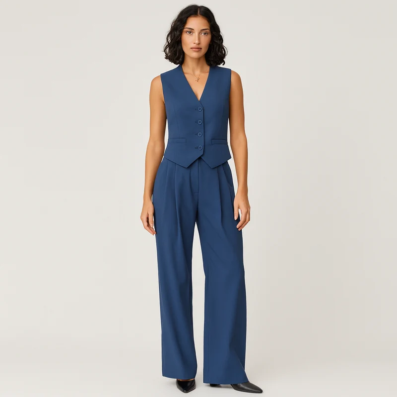 Elegantes 2-teiliges Set für Damen – Ärmelloses Top mit V-Ausschnitt und passende einfarbige Hose