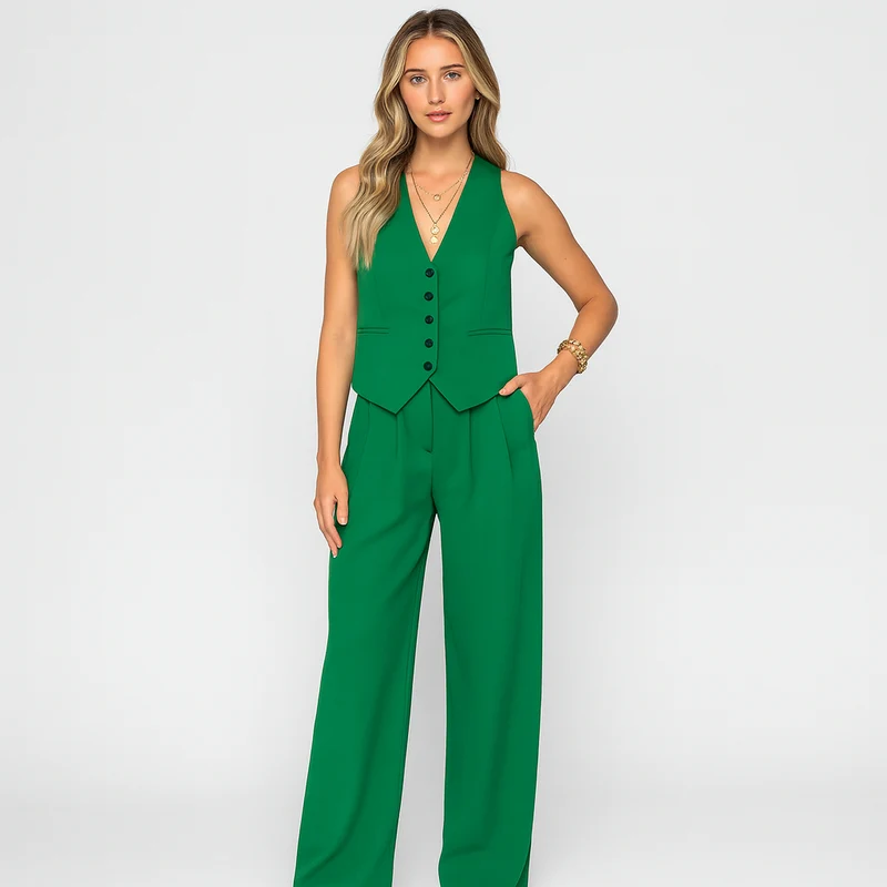 Elegantes 2-teiliges Set für Damen – Ärmelloses Top mit V-Ausschnitt und passende einfarbige Hose