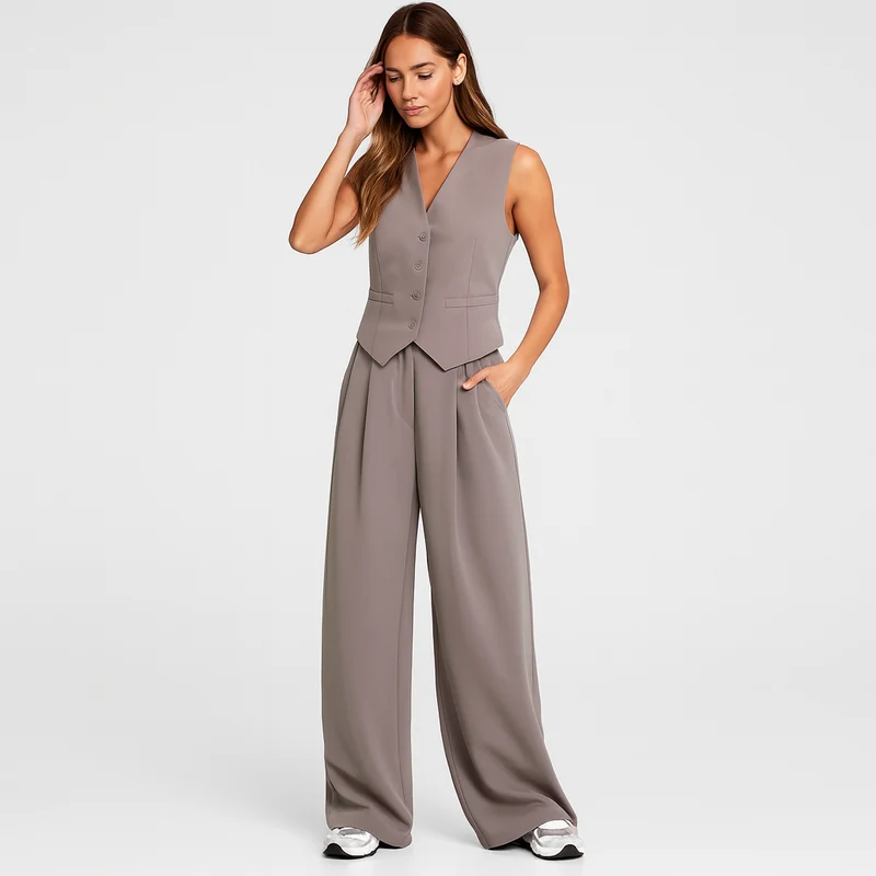 Elegantes 2-teiliges Set für Damen – Ärmelloses Top mit V-Ausschnitt und passende einfarbige Hose
