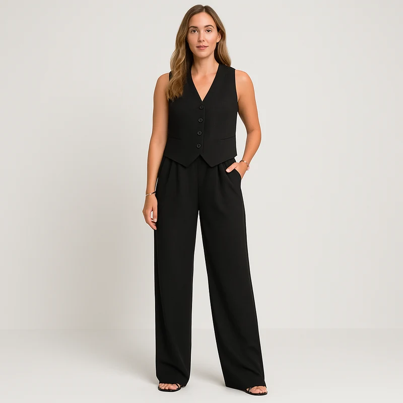 Elegantes 2-teiliges Set für Damen – Ärmelloses Top mit V-Ausschnitt und passende einfarbige Hose