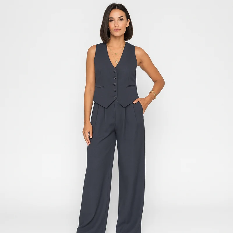 Elegantes 2-teiliges Set für Damen – Ärmelloses Top mit V-Ausschnitt und passende einfarbige Hose