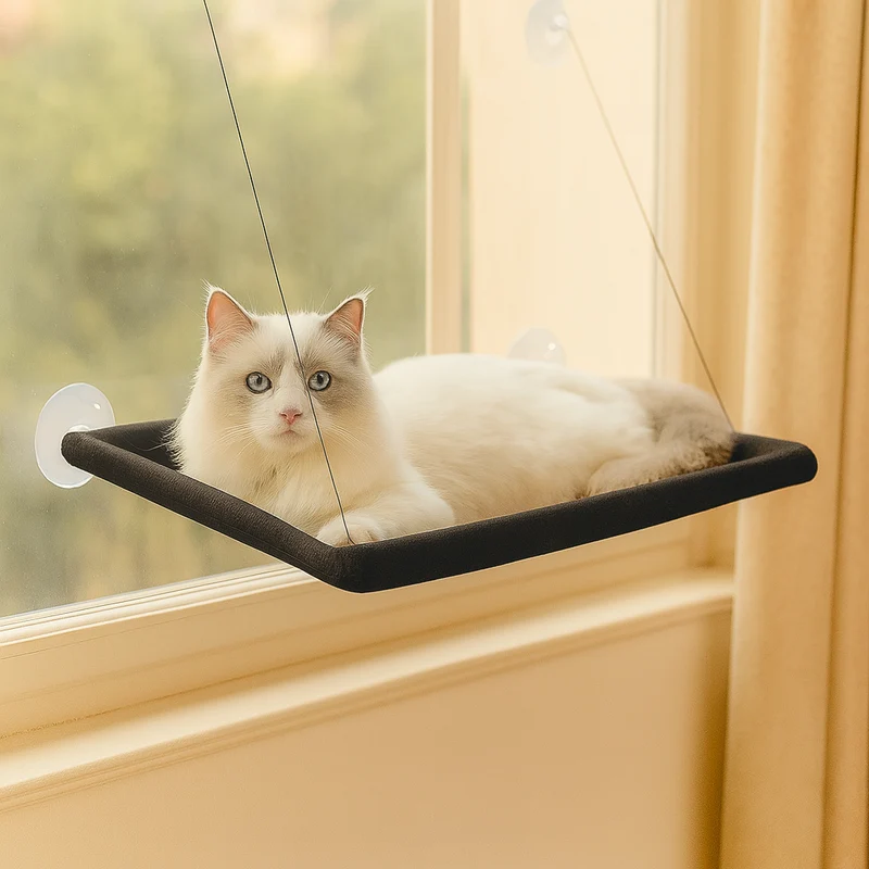 Gemütliche Katzenhängematte mit Fensterbefestigung