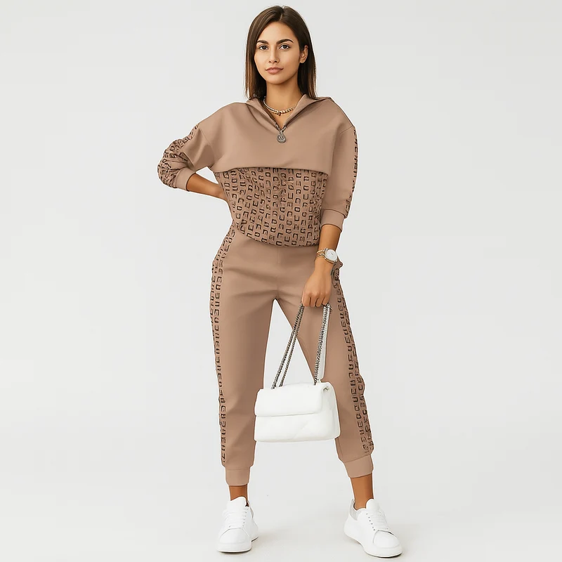 Schicker 2-teiliger Trainingsanzug für Damen – Kariertes Reißverschlussoberteil & schmal zulaufende Hose mit Seitenstreifen