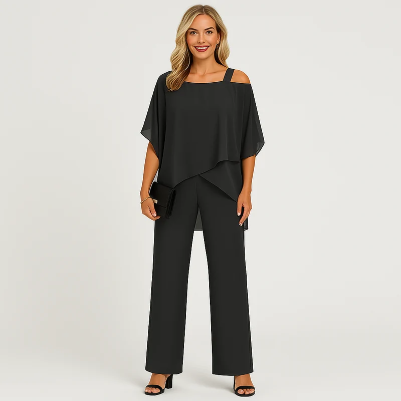 Damen-Zweiteiler – Eleganter Jumpsuit mit schulterfreier Bluse