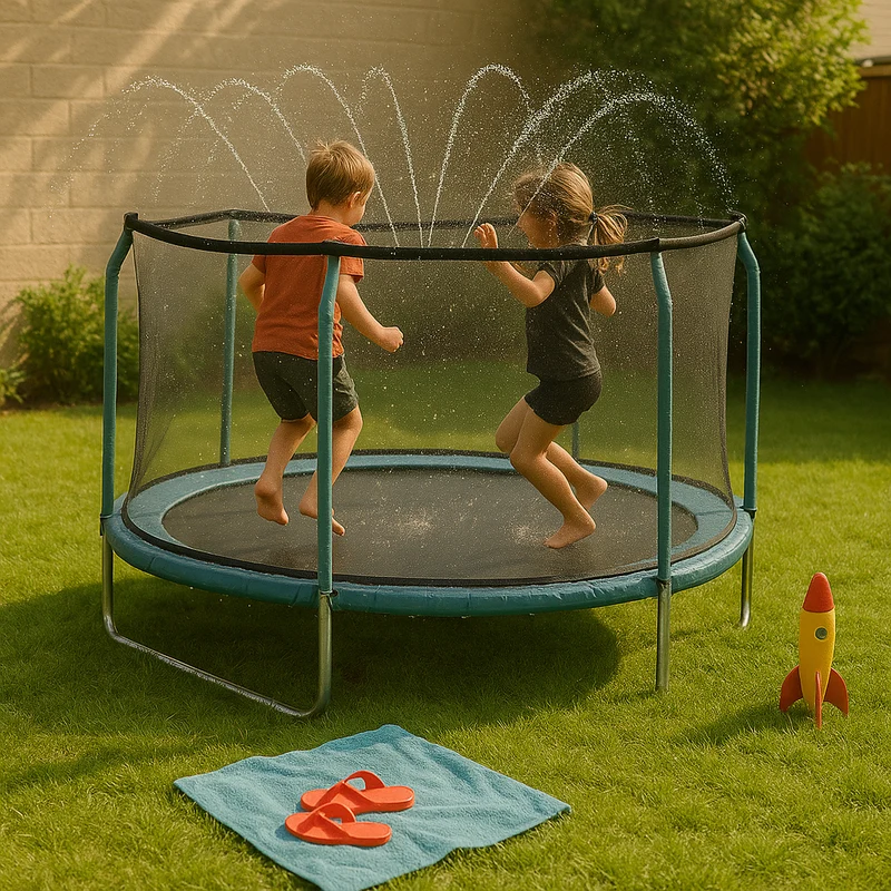 Universelles Trampolin-Sprinklersystem – Schwarzer PVC-Schlauch mit Sprühern für die Kühlung im Freien und das Spielen im Garten