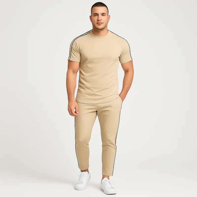 Retro-Streetwear-Set für Herren – Loose Fit T-Shirt mit Seitenstreifen und passender Hose