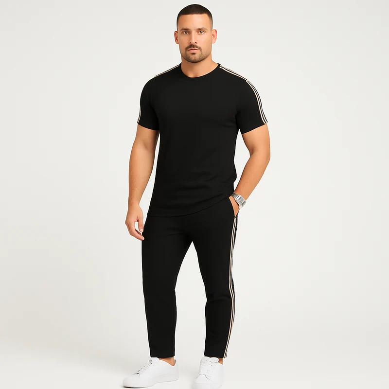 Retro-Streetwear-Set für Herren – Loose Fit T-Shirt mit Seitenstreifen und passender Hose