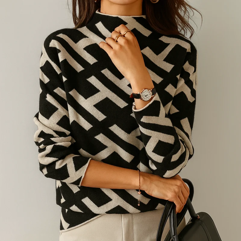 Pullover mit geometrischem Muster und hohem Kragen – Auffällig & Modern