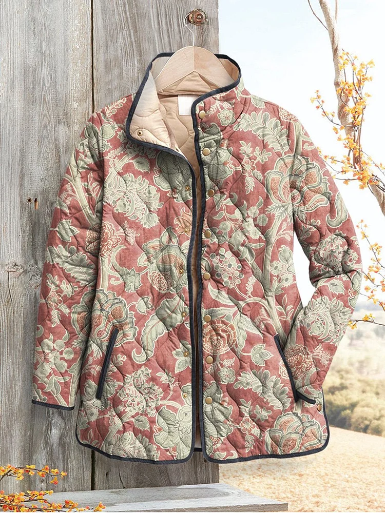 Damen Freizeit Steppjacke mit Vintage Blumenmuster