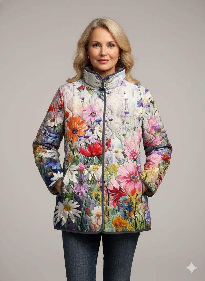 Charmante Floral Druck Steppjacke für Damen - Vintage Freizeitstil