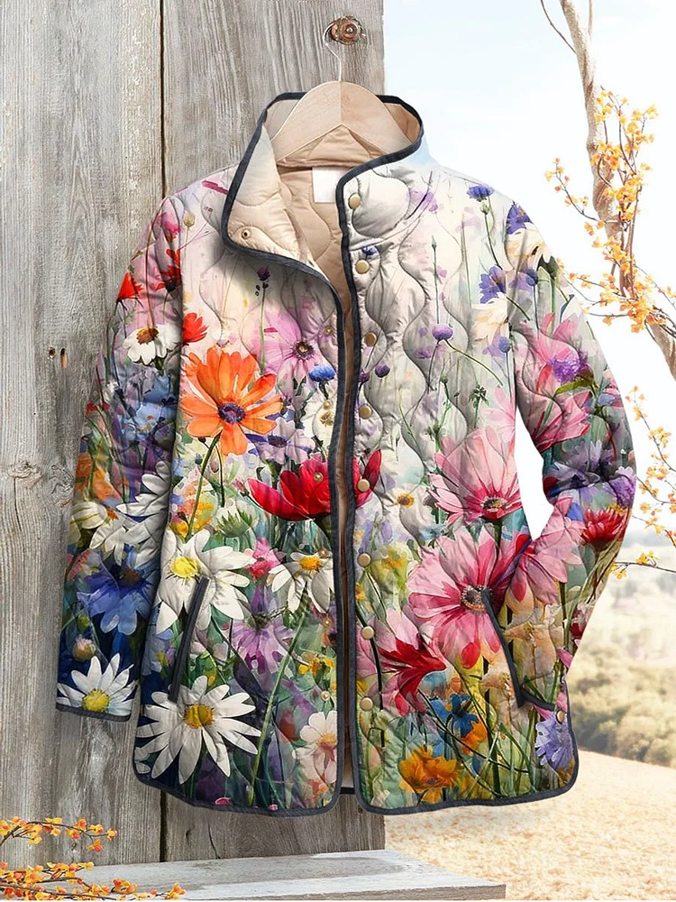 Charmante Floral Druck Steppjacke für Damen - Vintage Freizeitstil