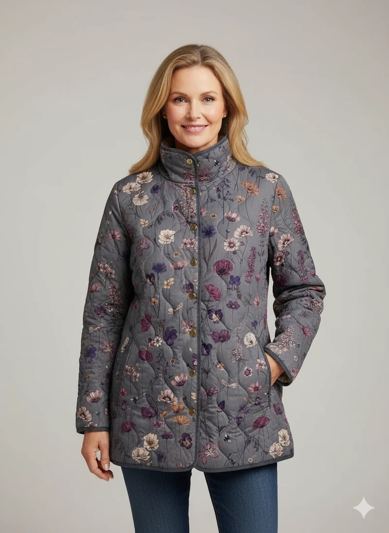 Damen Vintage Blumenmuster Freizeit Steppjacke