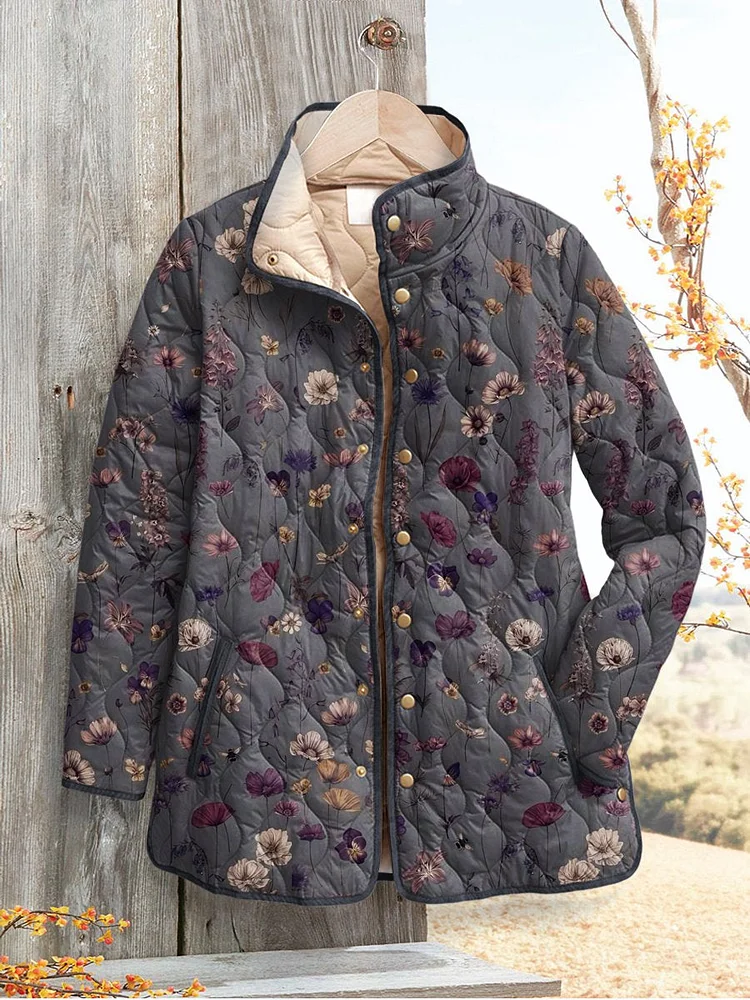 Damen Vintage Blumenmuster Freizeit Steppjacke