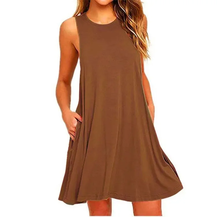 Damen Ärmelloses Swing-Kleid Rundhalsausschnitt Freizeitmode