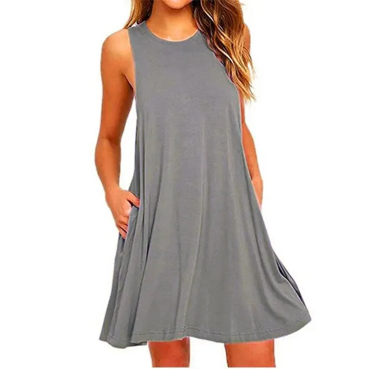 Damen Ärmelloses Swing-Kleid Rundhalsausschnitt Freizeitmode