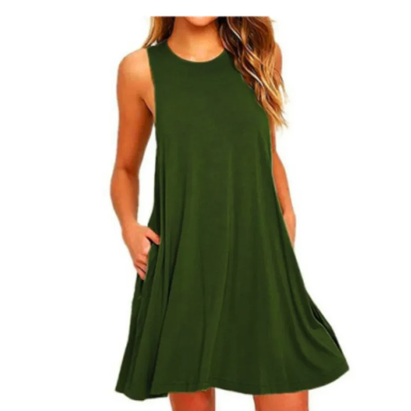 Damen Ärmelloses Swing-Kleid Rundhalsausschnitt Freizeitmode