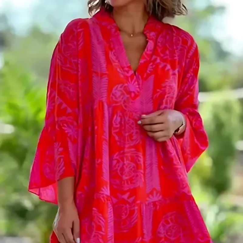 Damen Mini Sommerkleid in Rot mit Blumenmuster und V-Ausschnitt