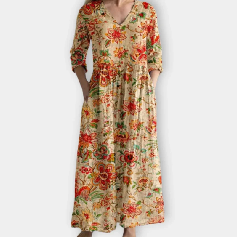 Boho Midikleid mit Blumenmuster in Beigetönen