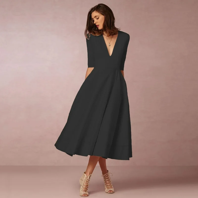 Damen Midikleid mit V-Ausschnitt und ausgestelltem Rock