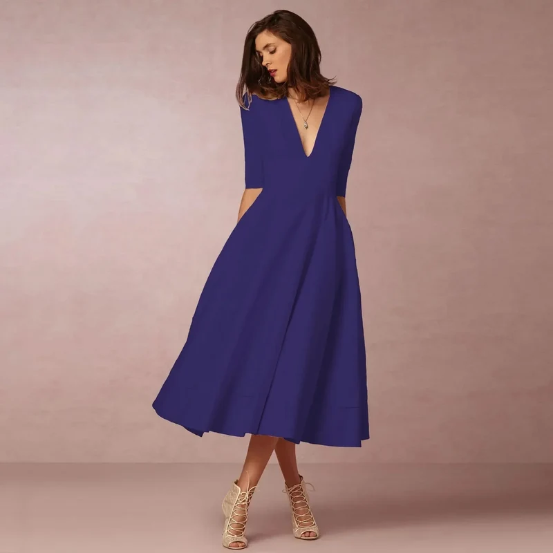 Damen Midikleid mit V-Ausschnitt und ausgestelltem Rock