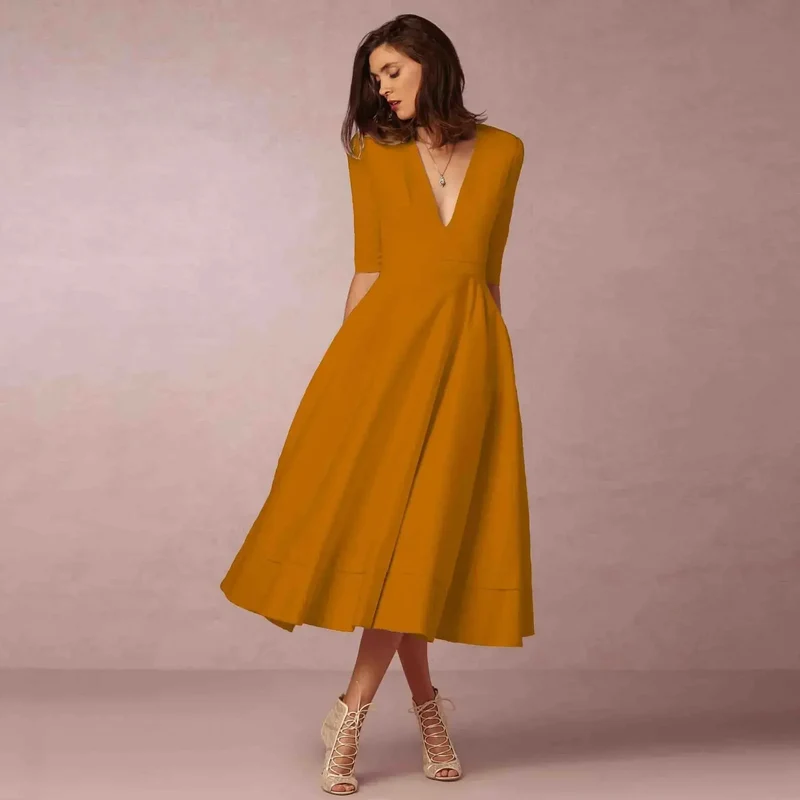 Damen Midikleid mit V-Ausschnitt und ausgestelltem Rock