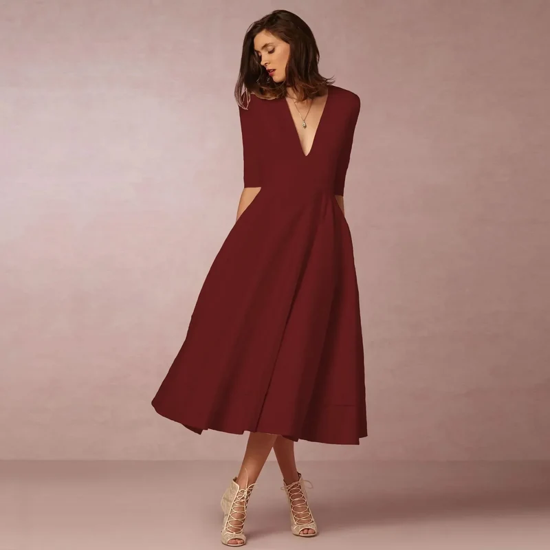 Damen Midikleid mit V-Ausschnitt und ausgestelltem Rock