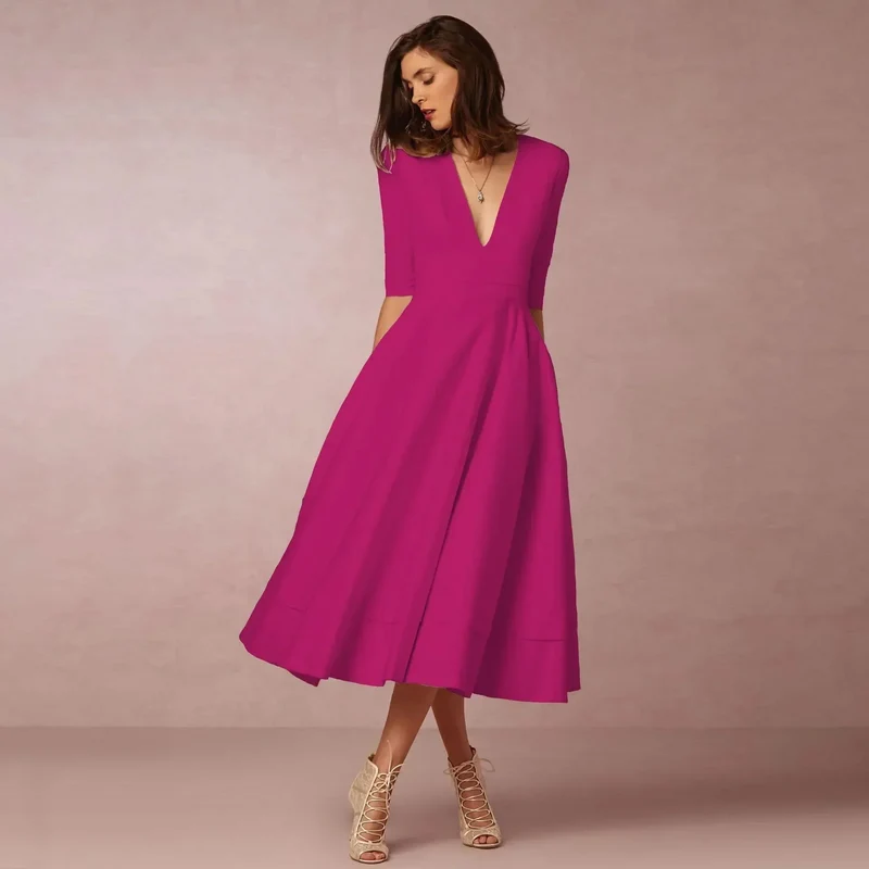 Damen Midikleid mit V-Ausschnitt und ausgestelltem Rock