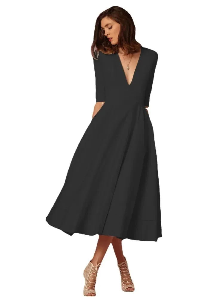 Damen Midikleid mit V-Ausschnitt und ausgestelltem Rock