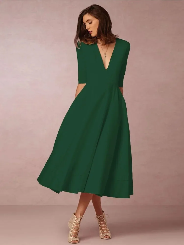 Damen Midikleid mit V-Ausschnitt und ausgestelltem Rock